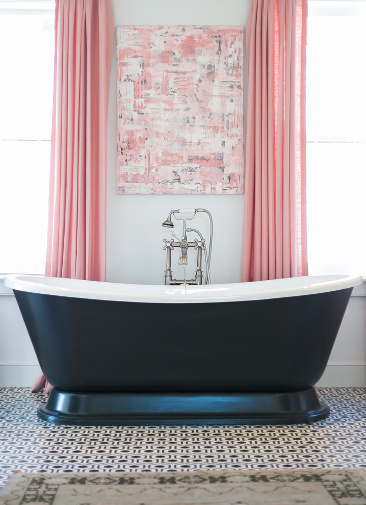 Inspiration for a large traditional ensuite bathroom in Charleston with shaker cabinets, grey cabinets, a freestanding bath, black and white tiles, mosaic tiles, white walls, marble flooring and a submerged sink.
