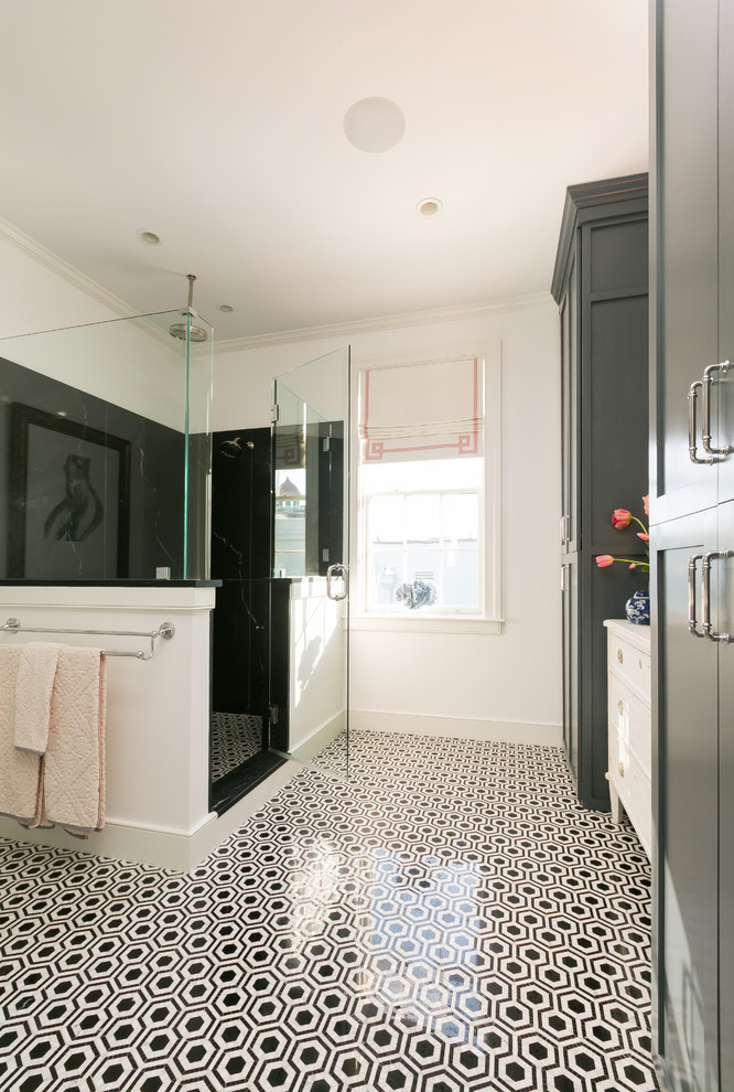 Inspiration for a large classic ensuite bathroom in Charleston with shaker cabinets, grey cabinets, a freestanding bath, a corner shower, a two-piece toilet, black and white tiles, mosaic tiles, white walls, marble flooring and a submerged sink.
