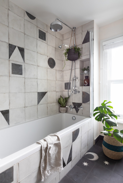 Transitional Bathroom with Gray and White Rustic Tiles