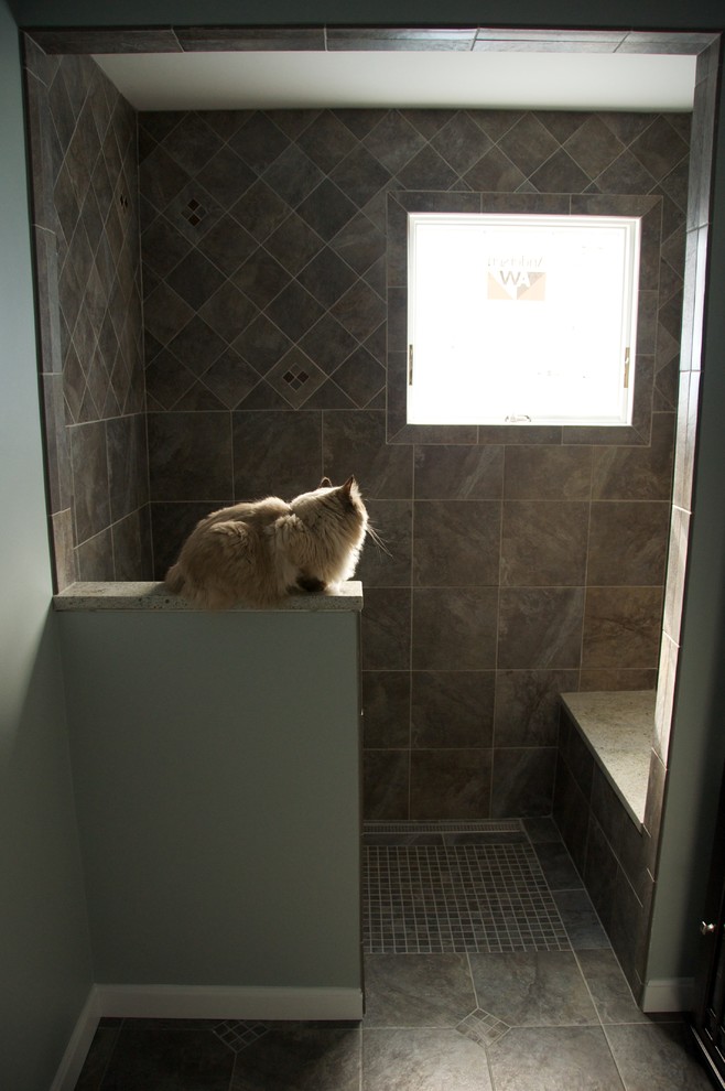 Ejemplo de cuarto de baño contemporáneo de tamaño medio con ducha a ras de suelo, baldosas y/o azulejos de porcelana y baldosas y/o azulejos grises