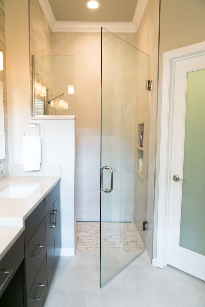 Curbless Shower with Hinged Door Entry Transitional Bathroom Orlando by KBF Design