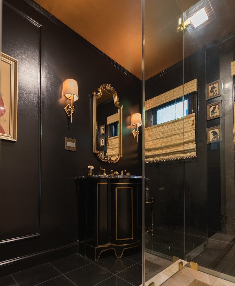 Design ideas for a small vintage shower room bathroom in Sacramento with freestanding cabinets, black cabinets, black walls, black floors, a hinged door, a walk-in shower, porcelain flooring and a submerged sink.