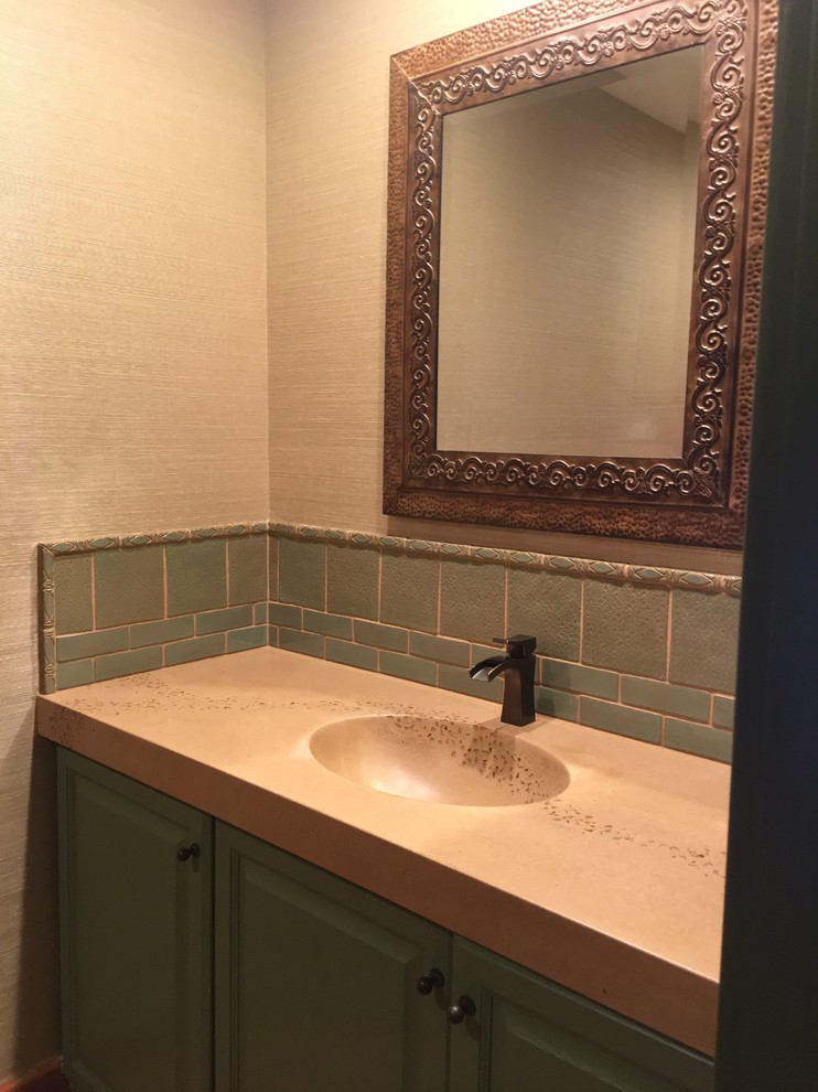 Mid-sized tuscan 3/4 blue tile and ceramic tile bathroom photo in Sacramento with beige walls, raised-panel cabinets, blue cabinets, an integrated sink and quartz countertops