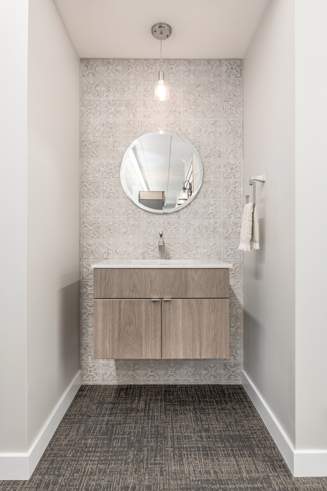 Photo of a small traditional shower room bathroom in Other with flat-panel cabinets, medium wood cabinets, an alcove shower, beige tiles, ceramic tiles, marble worktops, white worktops, beige walls, an integrated sink, multi-coloured floors and an open shower.