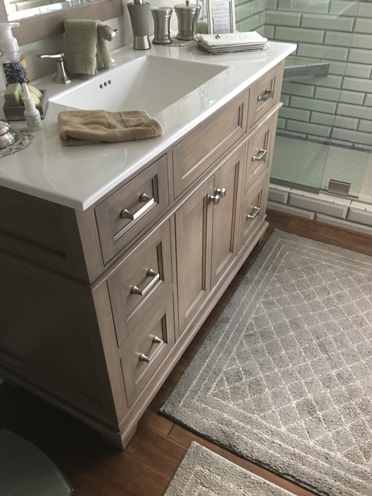 Custom bathroom handcrafted vanity, light stain finish Transitional
