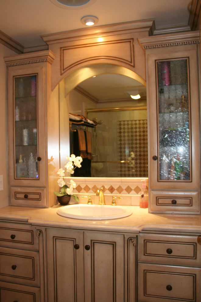 Custom bathroom vanity, traditional design, parchment painted finish