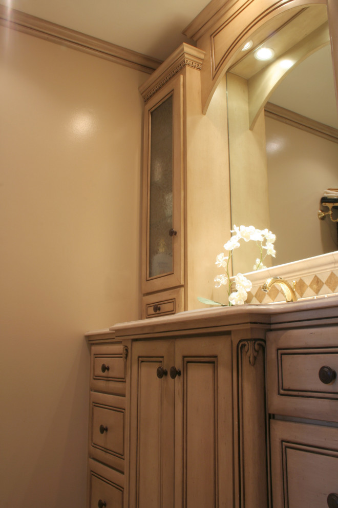 Custom bathroom vanity, traditional design, parchment painted finish