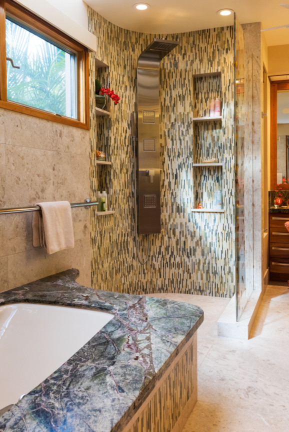 Idée de décoration pour une salle de bain principale design en bois brun de taille moyenne avec un placard à porte plane, une baignoire posée, une douche d'angle, un carrelage gris, un carrelage de pierre, un mur beige, un sol en calcaire et un plan de toilette en granite.