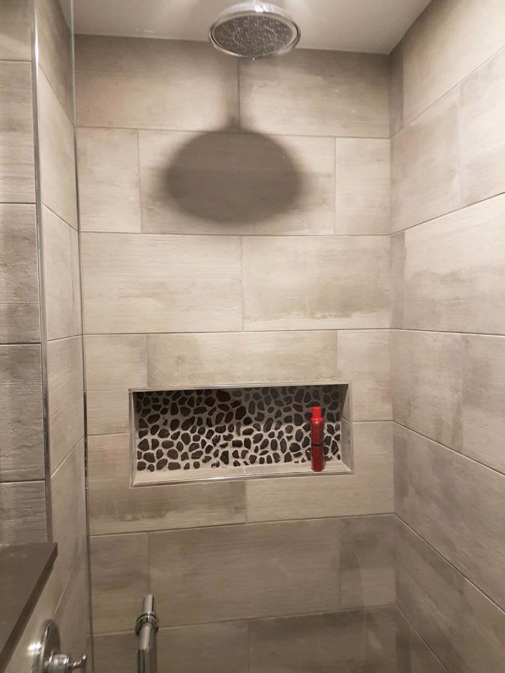 How To Tile Shower Niche With Pebble Stone & Quartz Base 