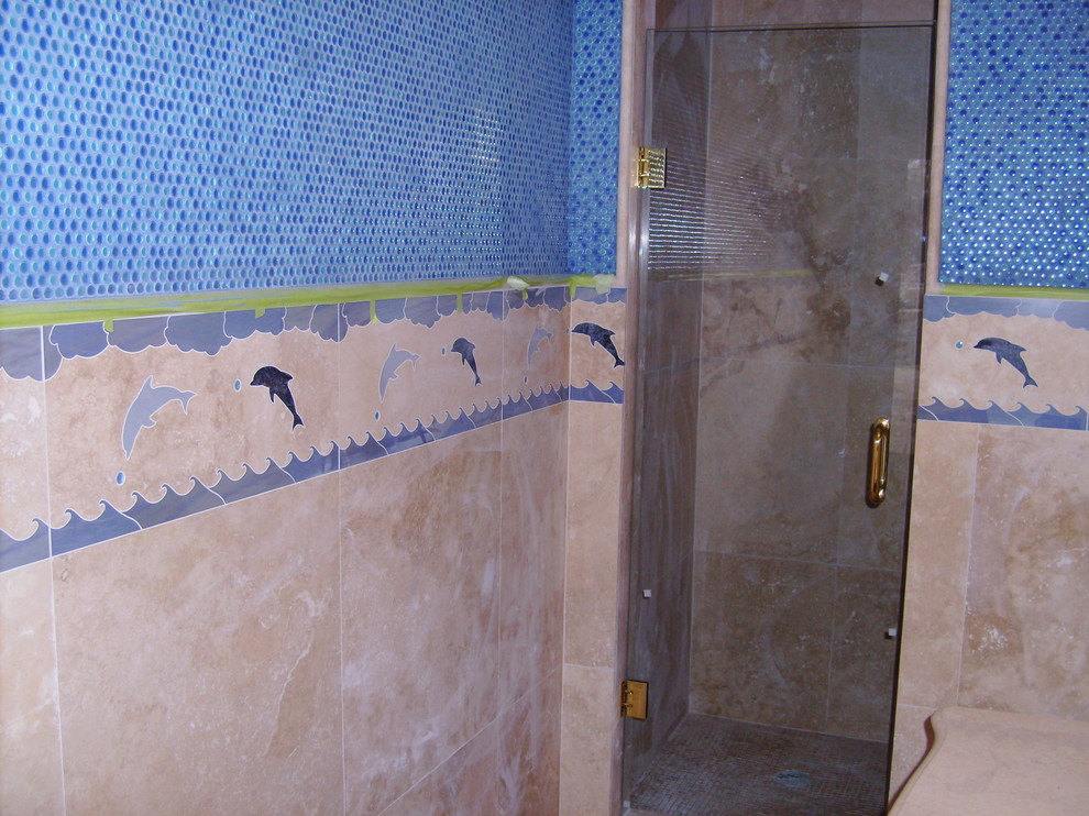Inspiration for a medium sized traditional family bathroom in Toronto with an alcove shower, beige tiles, blue tiles, green tiles, ceramic tiles, multi-coloured walls and ceramic flooring.