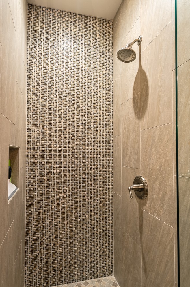Photo of a medium sized nautical family bathroom in Miami with open cabinets, dark wood cabinets, an alcove shower, a one-piece toilet, grey tiles, terracotta tiles, terracotta flooring, a submerged sink and marble worktops.