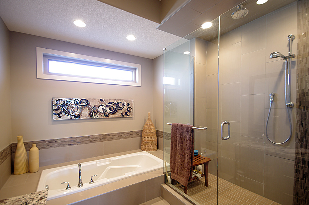 Inspiration for a large contemporary ensuite bathroom in Edmonton with recessed-panel cabinets, dark wood cabinets, granite worktops, a built-in bath, a double shower, a one-piece toilet, multi-coloured tiles, ceramic tiles, beige walls and ceramic flooring.