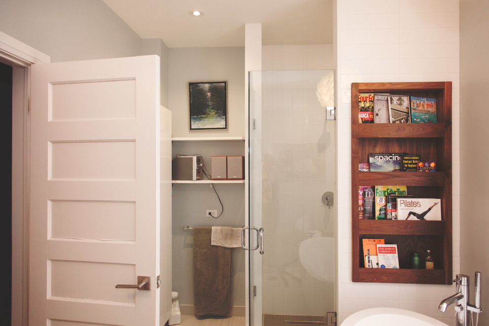 Design ideas for a medium sized contemporary shower room bathroom in Toronto with an alcove shower, white walls, porcelain flooring, beige floors, a hinged door, flat-panel cabinets, dark wood cabinets, solid surface worktops, a one-piece toilet and an integrated sink.