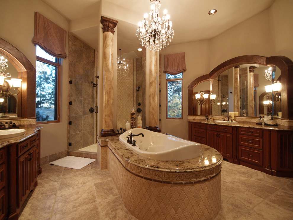 Cette image montre une salle de bain principale traditionnelle en bois brun de taille moyenne avec un placard avec porte à panneau encastré, une baignoire posée, une douche ouverte, un carrelage beige, mosaïque, un mur blanc, un sol en travertin, un lavabo posé et un plan de toilette en granite.