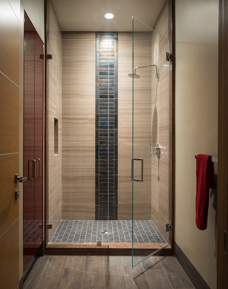 Inspiration for a large contemporary 3/4 gray tile and porcelain tile porcelain tile alcove shower remodel in San Francisco with flat-panel cabinets, red cabinets and beige walls