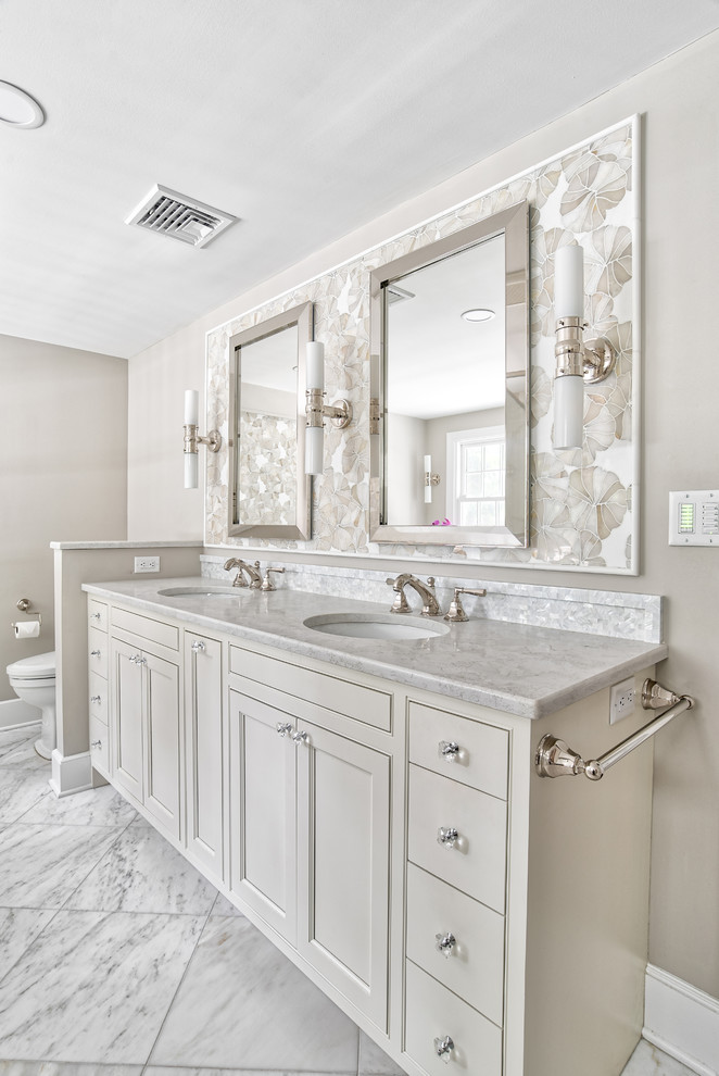 Custom Double Vanity with Mosaic Backsplash Details Traditional