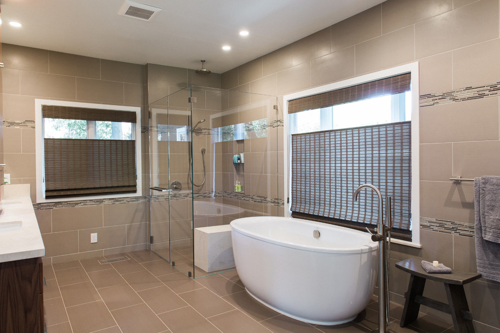 Example of a small transitional beige tile and glass tile ceramic tile bathroom design in San Francisco with an undermount sink, flat-panel cabinets, dark wood cabinets, quartz countertops, a two-piece toilet and beige walls
