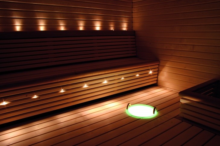 Immagine di una sauna minimalista di medie dimensioni con pareti marroni, pavimento in legno massello medio e pavimento marrone