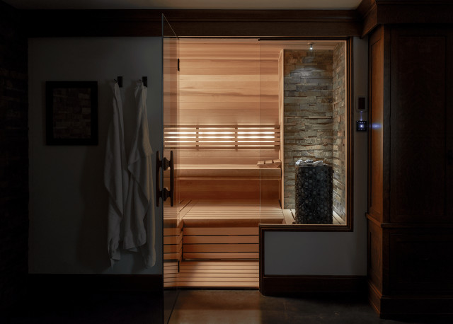 Custom Finnleo Sauna with Himalaya Heater and Stone Wall - Modern -  Bathroom - Detroit - by Finnleo Sauna | Houzz