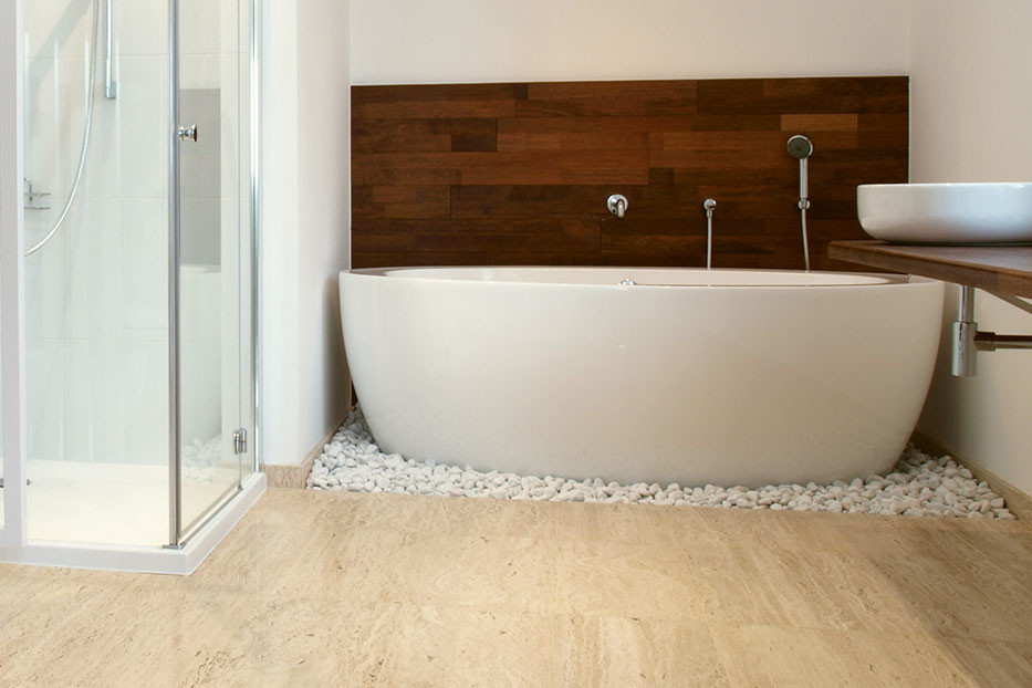 Medium sized contemporary ensuite bathroom in Phoenix with a freestanding bath, a corner shower, beige walls, ceramic flooring, a vessel sink and wooden worktops.