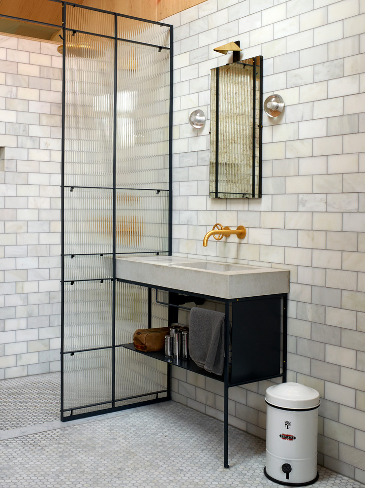 Walk-in shower - contemporary white tile walk-in shower idea in Other with a console sink and open cabinets