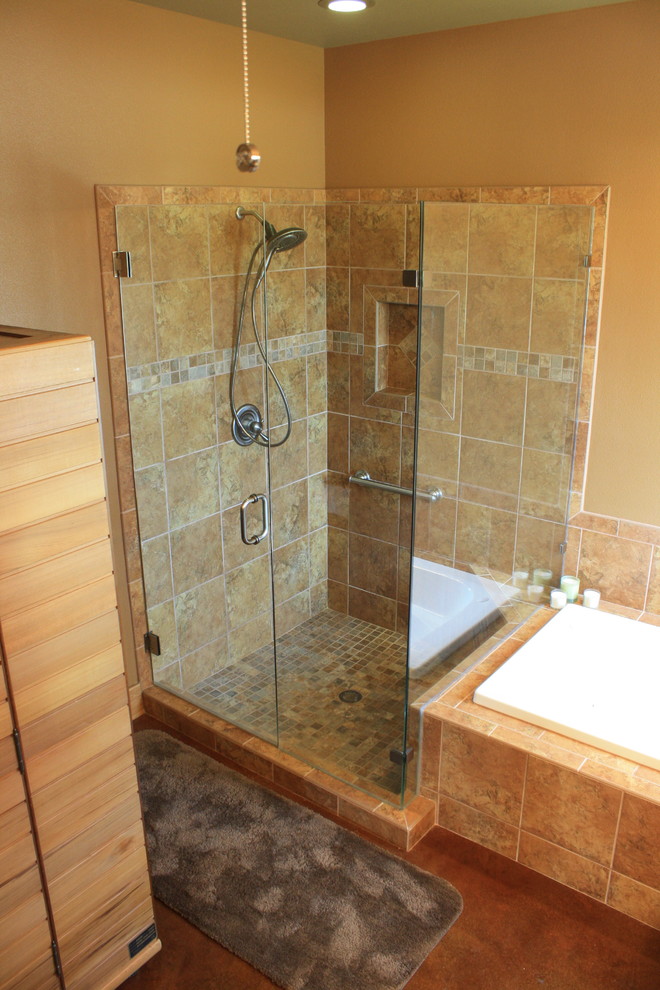 Photo of a medium sized rustic ensuite bathroom in Austin with a corner shower, multi-coloured tiles, ceramic tiles and concrete flooring.