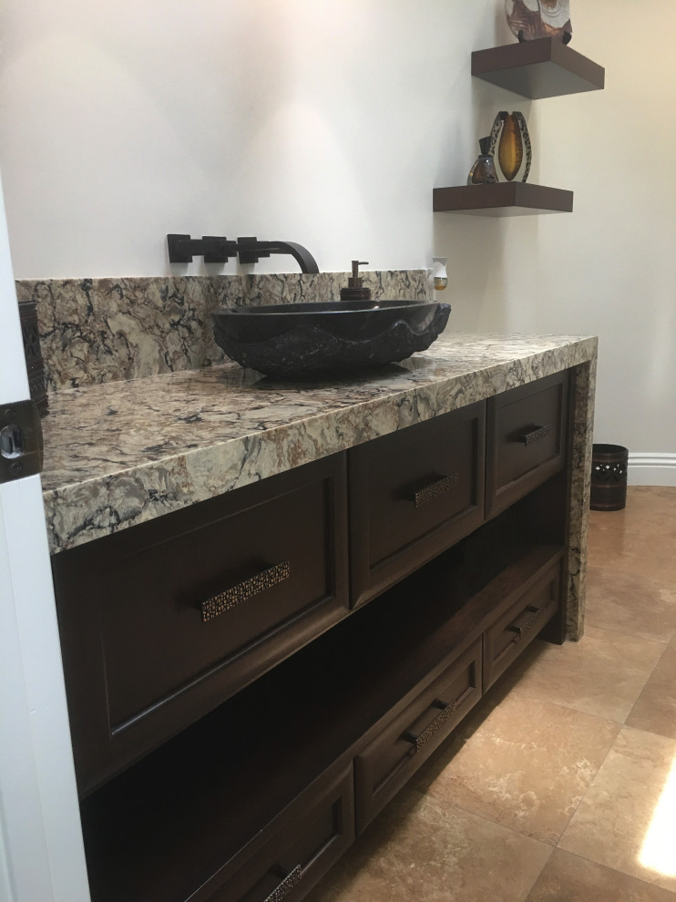 Custom handcrafted wood bathroom vanity dark wood stain, floating shelves - Eclectic - Bathroom ...
