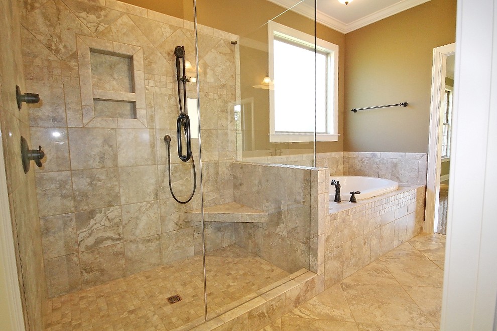 This is an example of a traditional ensuite bathroom in Other with flat-panel cabinets, white cabinets, a built-in bath, a walk-in shower, beige tiles, ceramic tiles, brown walls, porcelain flooring and brown floors.