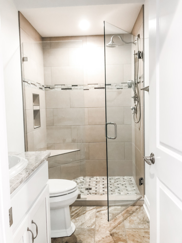 Inspiration for a medium sized classic family bathroom in Other with recessed-panel cabinets, white cabinets, an alcove shower, a two-piece toilet, beige tiles, ceramic tiles, white walls, laminate floors, a built-in sink, laminate worktops, beige floors, a hinged door and beige worktops.