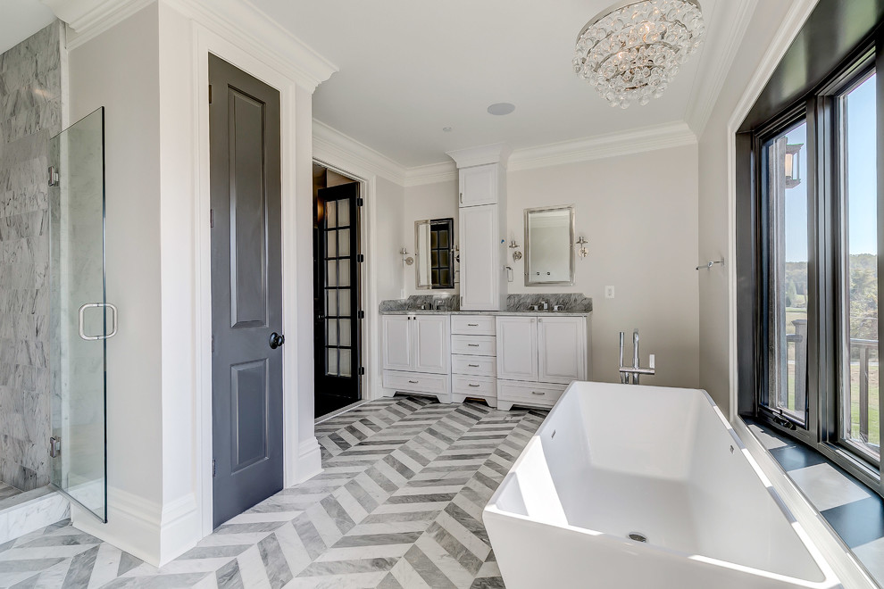 Bathroom - large contemporary master marble floor bathroom idea in Baltimore with recessed-panel cabinets, white cabinets, gray walls, an undermount sink and marble countertops