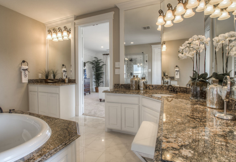 Bathroom - large traditional master gray tile, white tile and stone tile marble floor and white floor bathroom idea in San Diego with raised-panel cabinets, white cabinets, brown walls, an undermount sink and granite countertops