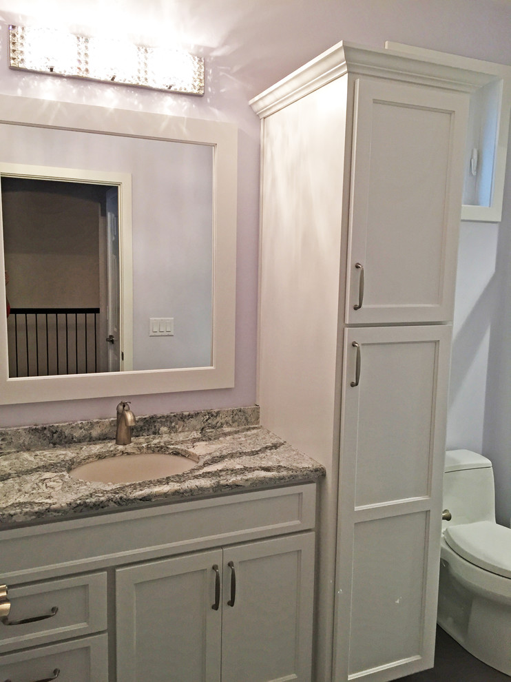 Foto på ett mellanstort vintage badrum, med luckor med infälld panel, vita skåp, en toalettstol med hel cisternkåpa, lila väggar, mörkt trägolv, ett undermonterad handfat och granitbänkskiva