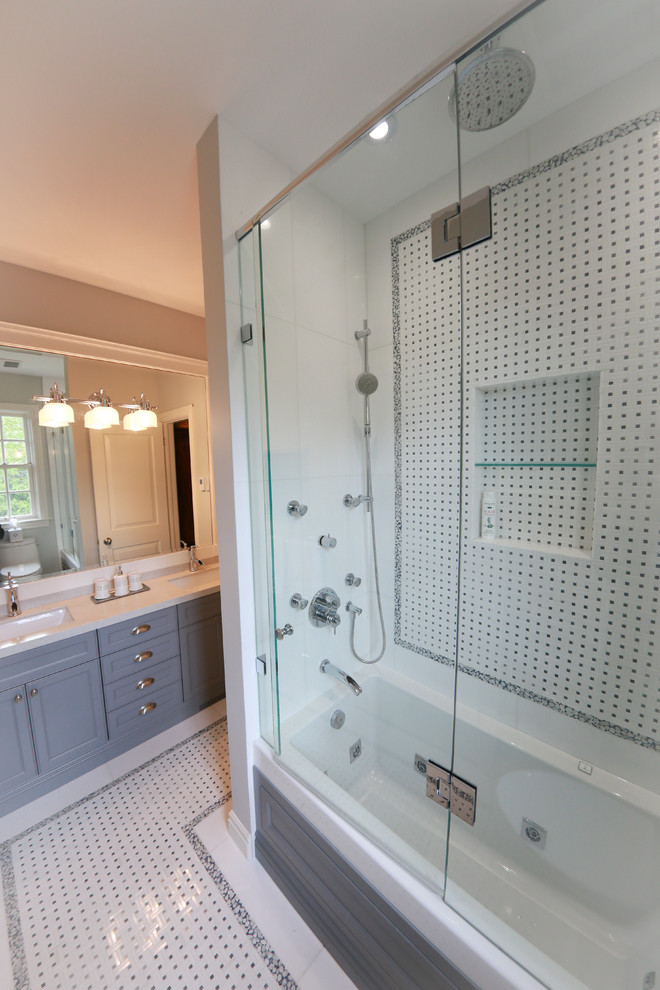Medium sized traditional family bathroom in Toronto with shaker cabinets, grey cabinets, an alcove shower, grey tiles, white tiles, ceramic tiles, brown walls, ceramic flooring, a submerged sink, white floors and a hinged door.