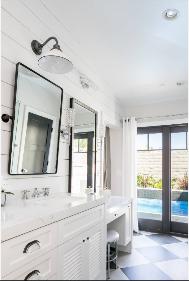 This is an example of a medium sized contemporary ensuite bathroom in Orange County with shaker cabinets, white cabinets, a submerged bath, a corner shower, grey tiles, slate tiles, white walls, ceramic flooring, multi-coloured floors and a hinged door.