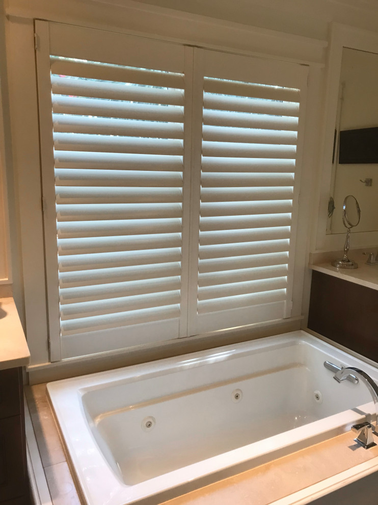 Custom Plantation Shutters Beach Style Bathroom by Sanddollar