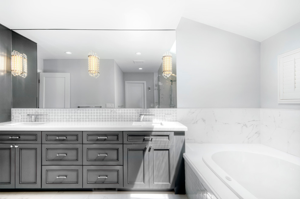 Large classic ensuite bathroom in San Francisco with recessed-panel cabinets, blue cabinets, a double shower, a one-piece toilet, white tiles, glass tiles, grey walls, ceramic flooring, a submerged sink and engineered stone worktops.