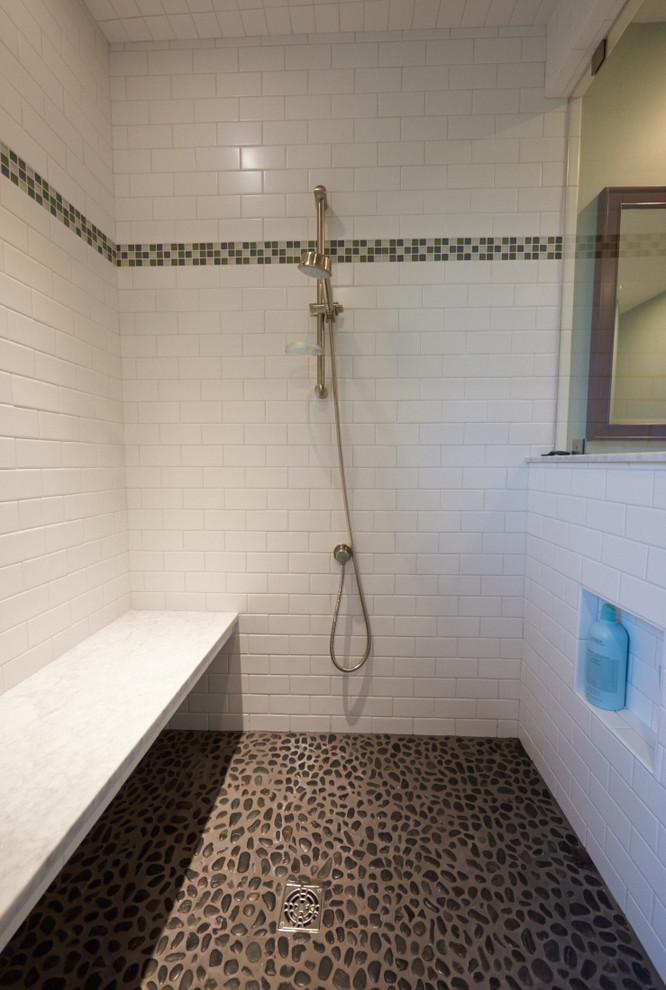 Corner shower - mid-sized cottage master white tile and subway tile ceramic tile corner shower idea in Portland Maine with flat-panel cabinets, dark wood cabinets, green walls, an undermount sink and granite countertops