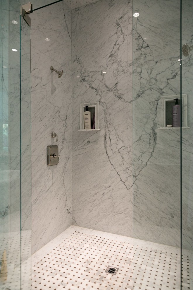 Double shower - contemporary white tile and stone slab double shower idea in Other