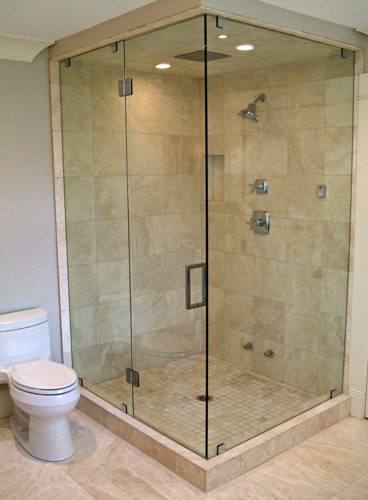 Design ideas for a large contemporary ensuite bathroom in Vancouver with beige tiles and porcelain tiles.