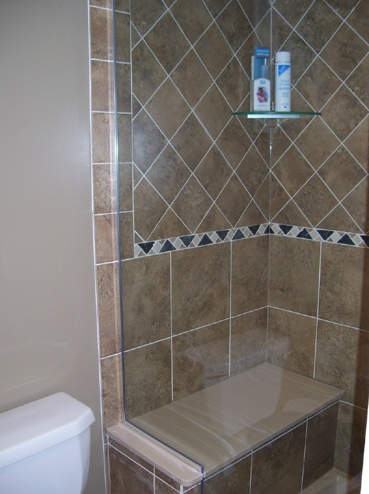 Custom Tempered Glass Shower with Bench Seat Craftsman Bathroom