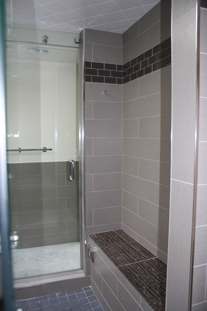 Inspiration for a medium sized traditional family bathroom in Boston with an alcove bath, white tiles and ceramic tiles.