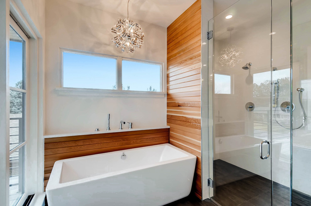 Источник вдохновения для домашнего уюта: ванная комната в современном стиле с отдельно стоящей ванной, душем без бортиков, белыми стенами, душевой кабиной, серым полом и душем с раздвижными дверями