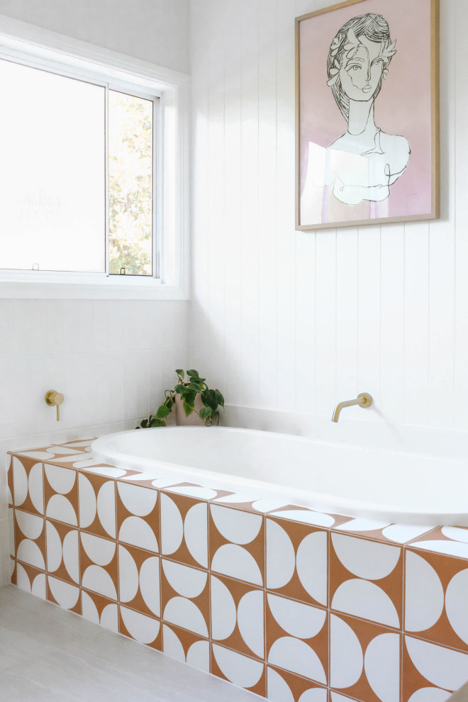 Bathroom - coastal bathroom idea in Gold Coast - Tweed with white cabinets and wood countertops