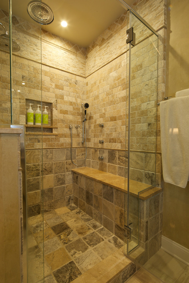 Mid-sized transitional master beige tile and ceramic tile porcelain tile double shower photo in Baltimore with an undermount sink, furniture-like cabinets, light wood cabinets, granite countertops, a two-piece toilet and multicolored walls