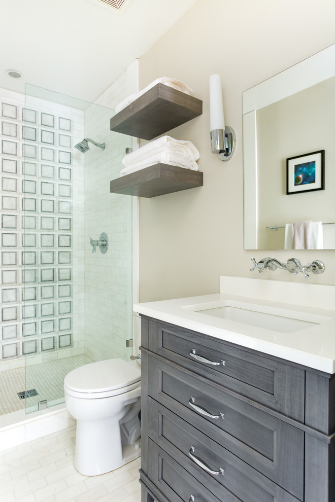 Design ideas for a small classic shower room bathroom in Dallas with recessed-panel cabinets, grey cabinets, a walk-in shower, multi-coloured tiles, marble tiles, beige walls, marble flooring, a pedestal sink, engineered stone worktops, white floors, an open shower and white worktops.