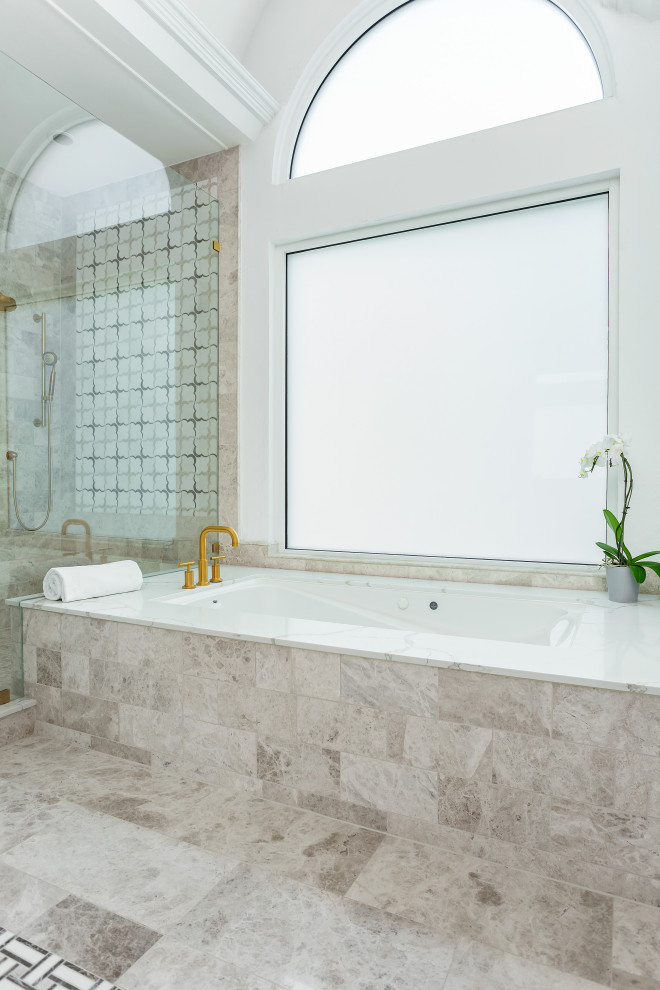 Inspiration for a large classic ensuite bathroom in Dallas with shaker cabinets, white cabinets, a built-in bath, a double shower, beige tiles, marble tiles, beige walls, marble flooring, a submerged sink, engineered stone worktops, beige floors, a hinged door, white worktops, a wall niche, double sinks and a floating vanity unit.