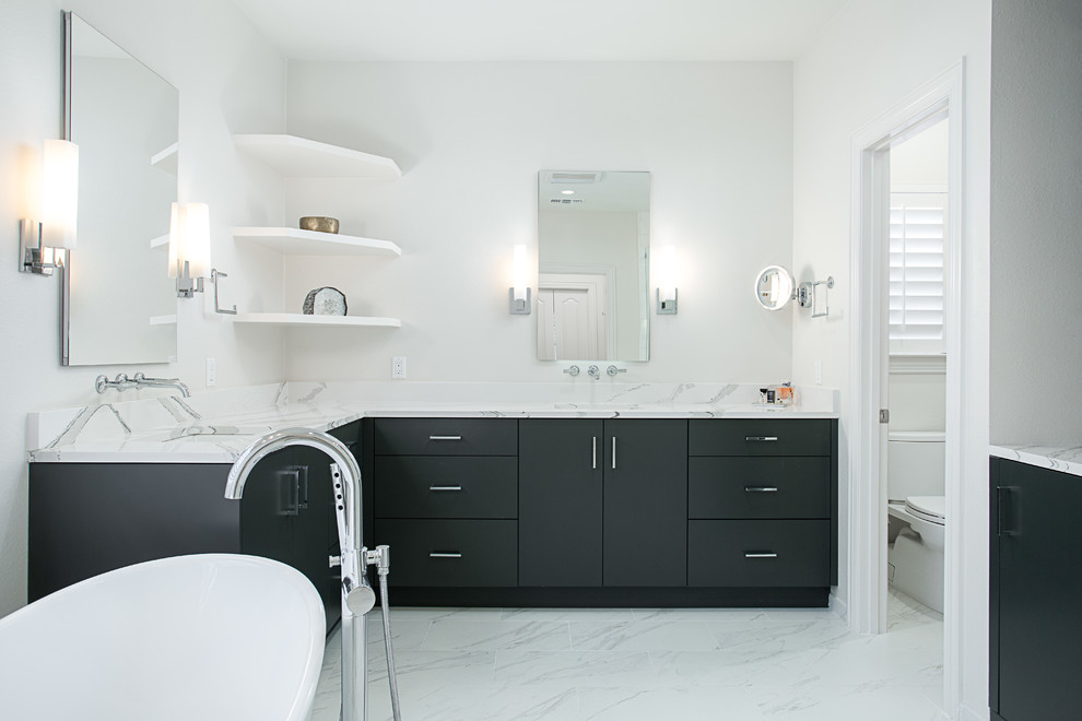 Inspiration for a large contemporary master white tile and marble tile ceramic tile and white floor bathroom remodel in Dallas with flat-panel cabinets, gray cabinets, a two-piece toilet, white walls, an undermount sink, quartz countertops, a hinged shower door and white countertops