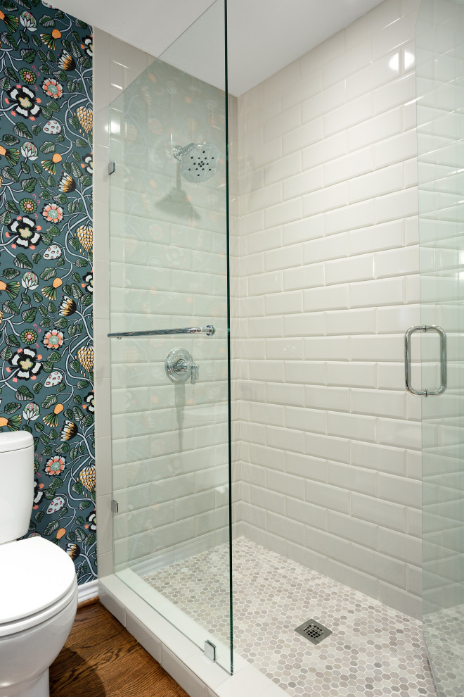 Doorless shower - mid-sized 3/4 white tile and ceramic tile dark wood floor and brown floor doorless shower idea in Dallas with raised-panel cabinets, dark wood cabinets, a two-piece toilet, green walls, a vessel sink, quartzite countertops, a hinged shower door and green countertops