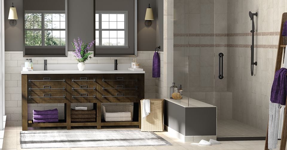 Inspiration for a large contemporary ensuite bathroom in Phoenix with flat-panel cabinets, dark wood cabinets, an alcove shower, beige tiles, porcelain tiles, grey walls, porcelain flooring, a submerged sink, solid surface worktops, beige floors, a hinged door and white worktops.