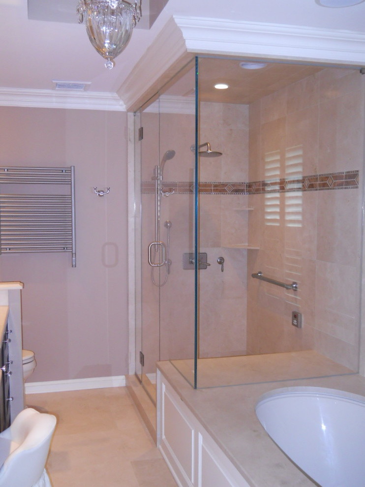 Photo of a traditional bathroom in New York with raised-panel cabinets, medium wood cabinets, an alcove bath, a corner shower, beige tiles, porcelain tiles, beige walls, lino flooring and laminate worktops.